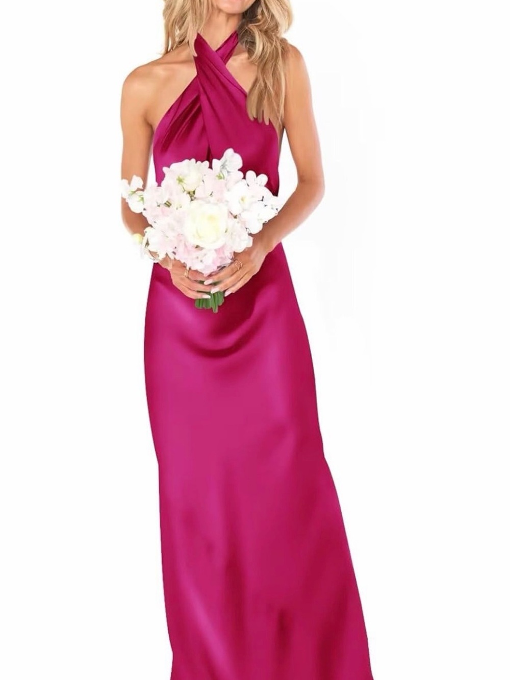 Fuchsia Satin Halter Evening Gown